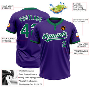 Custom Purple Kelly Green-White Two-Button Unisex Softball Jersey