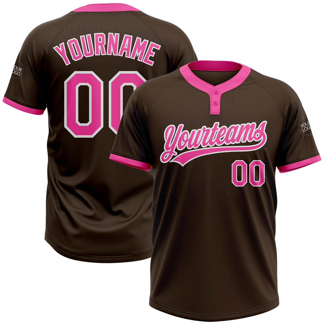 Custom Brown Pink-White Two-Button Unisex Softball Jersey