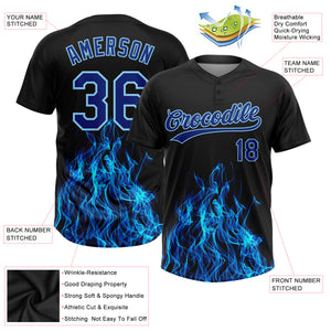 Custom Black Royal-Light Blue Flame 3D Pattern Two-Button Unisex Softball Jersey