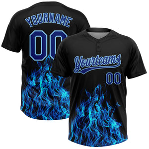 Custom Black Royal-Light Blue Flame 3D Pattern Two-Button Unisex Softball Jersey