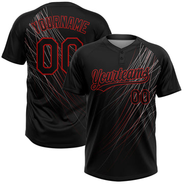 Custom Black Black-Red 3D Pattern Two-Button Unisex Softball Jersey