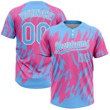 Custom Pink Light Blue-White 3D Pattern Two-Button Unisex Softball Jersey