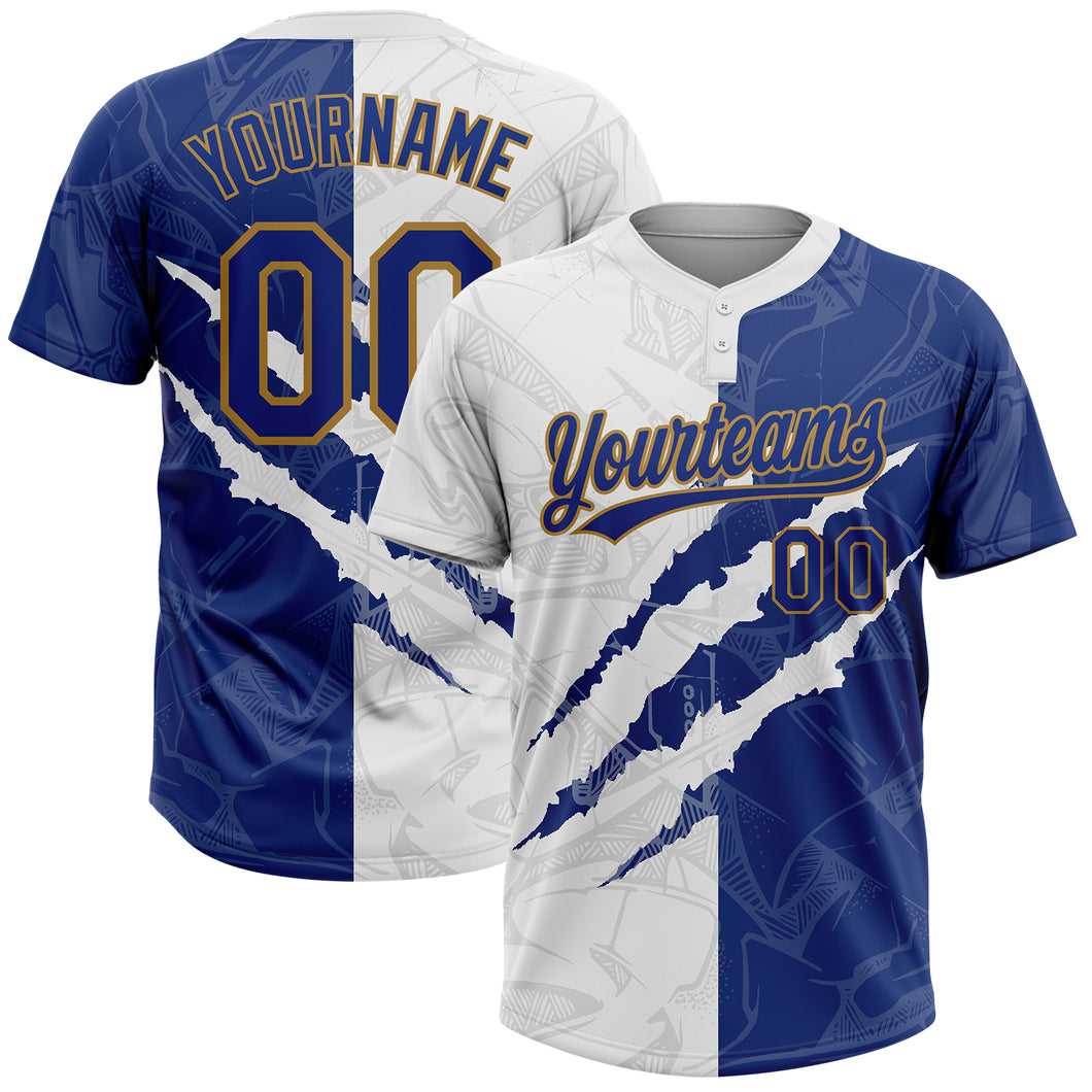 Custom Graffiti Pattern Royal-Old Gold 3D Two-Button Unisex Softball Jersey