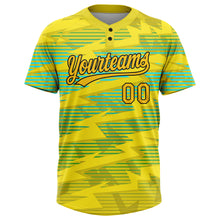 Load image into Gallery viewer, Custom Gold Gold Black-Light Blue 3D Pattern Two-Button Unisex Softball Jersey
