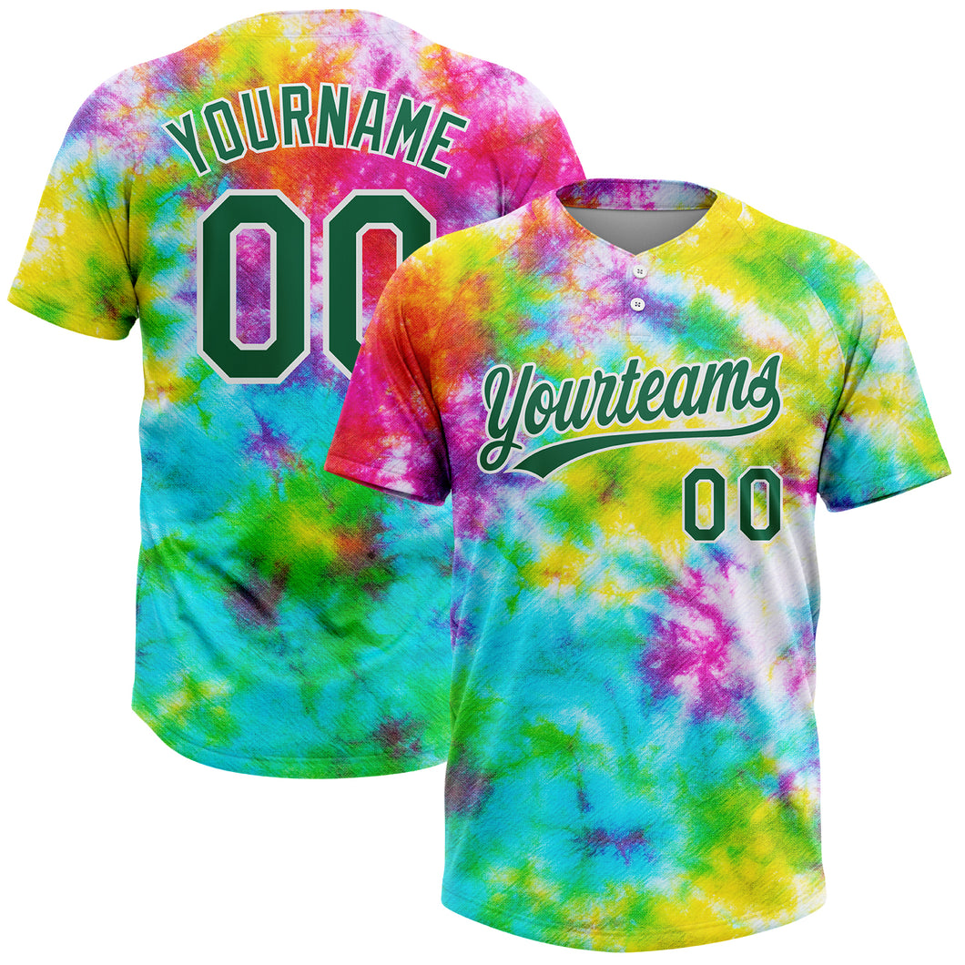 Custom Tie Dye Kelly Green-White 3D Rainbow Two-Button Unisex Softball Jersey