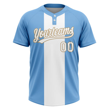 Custom Light Blue White-Old Gold 3D Pattern Two-Button Unisex Softball Jersey