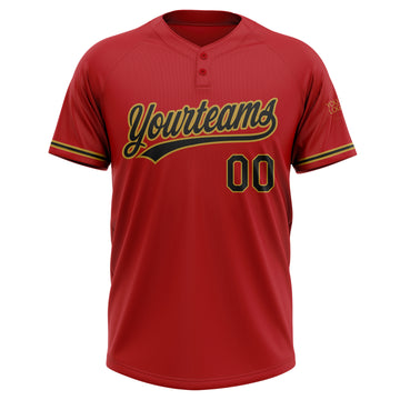 Custom Red Black-Old Gold Two-Button Unisex Softball Jersey