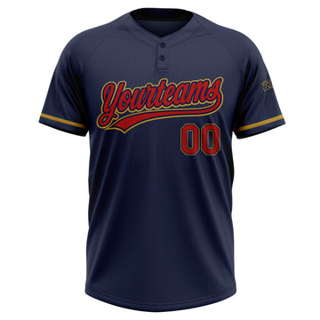 Custom Navy Red-Old Gold Two-Button Unisex Softball Jersey