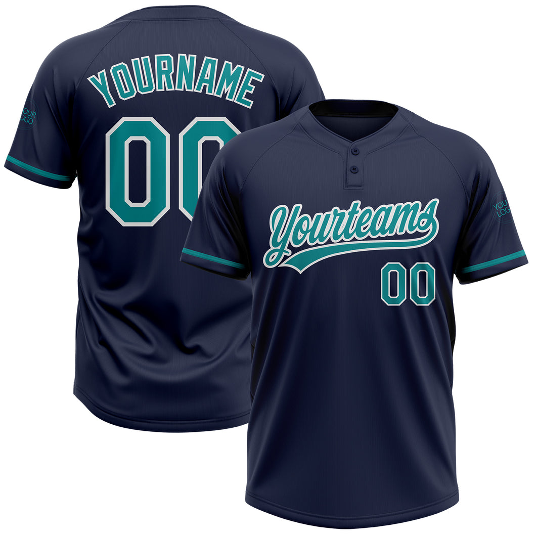 Custom Navy Teal-White Two-Button Unisex Softball Jersey