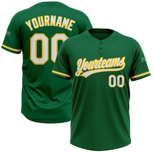 Custom Kelly Green White-Yellow Two-Button Unisex Softball Jersey