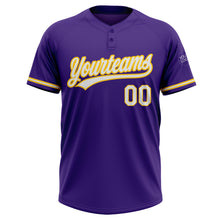Laden Sie das Bild in den Galerie-Viewer, Custom Purple White-Gold Two-Button Unisex Softball Jersey
