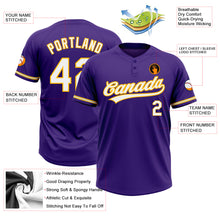 Laden Sie das Bild in den Galerie-Viewer, Custom Purple White-Gold Two-Button Unisex Softball Jersey
