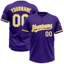 Laden Sie das Bild in den Galerie-Viewer, Custom Purple White-Gold Two-Button Unisex Softball Jersey
