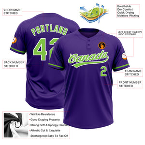Custom Purple Neon Green-White Two-Button Unisex Softball Jersey