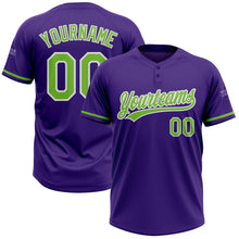 Laden Sie das Bild in den Galerie-Viewer, Custom Purple Neon Green-White Two-Button Unisex Softball Jersey
