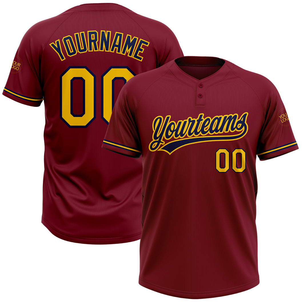 Custom Crimson Yellow-Navy Two-Button Unisex Softball Jersey