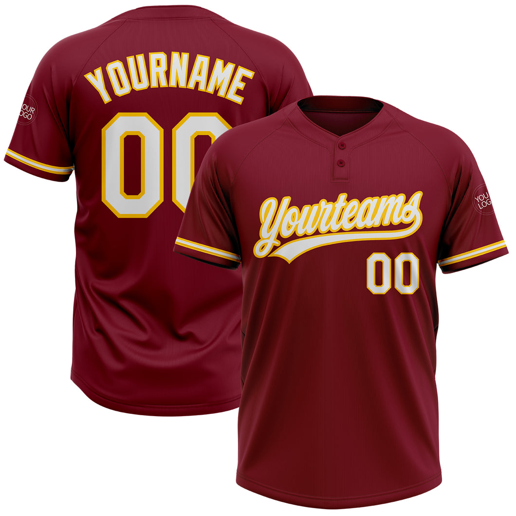 Custom Crimson White-Yellow Two-Button Unisex Softball Jersey