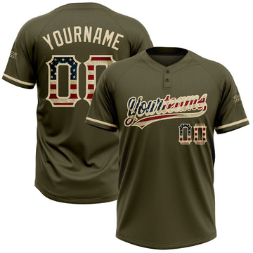 Custom Olive Vintage USA Flag-City Cream Salute To Service Two-Button Unisex Softball Jersey