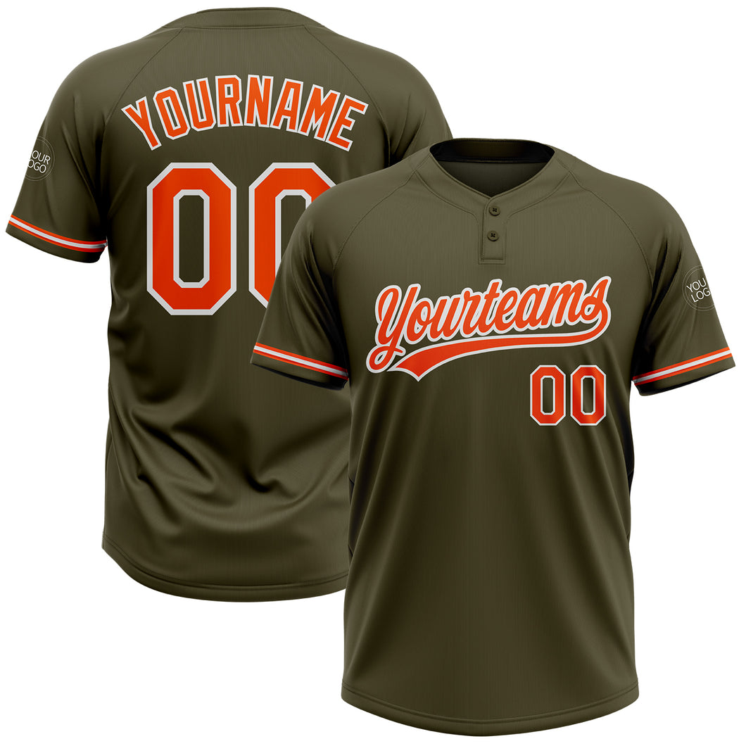 Custom Olive Orange-White Salute To Service Two-Button Unisex Softball Jersey