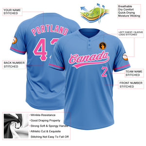 Custom Powder Blue Pink-White Two-Button Unisex Softball Jersey