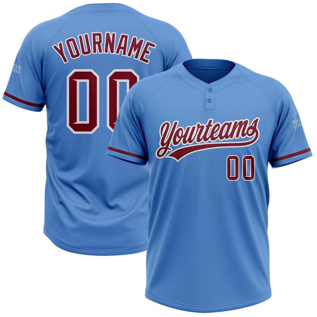 Custom Powder Blue Crimson-White Two-Button Unisex Softball Jersey