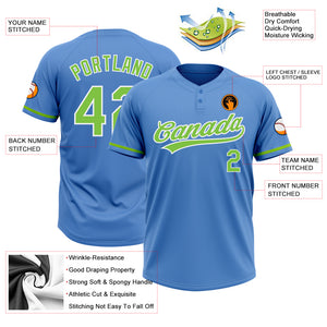 Custom Powder Blue Neon Green-White Two-Button Unisex Softball Jersey