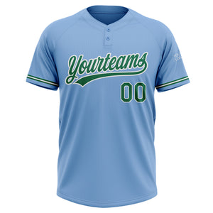 Custom Light Blue Kelly Green-White Two-Button Unisex Softball Jersey