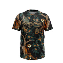 Load image into Gallery viewer, Custom Black Old Gold 3D Pattern Tiger And Peacock Two-Button Unisex Softball Jersey
