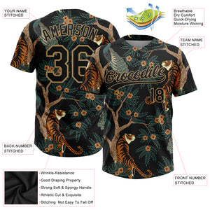 Custom Black Old Gold 3D Pattern Tiger And Peacock Two-Button Unisex Softball Jersey