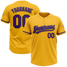 Laden Sie das Bild in den Galerie-Viewer, Custom Gold Purple-Black Two-Button Unisex Softball Jersey
