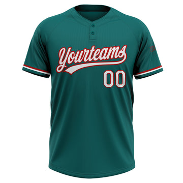 Custom Teal White-Red Two-Button Unisex Softball Jersey