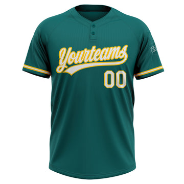 Custom Teal White-Yellow Two-Button Unisex Softball Jersey