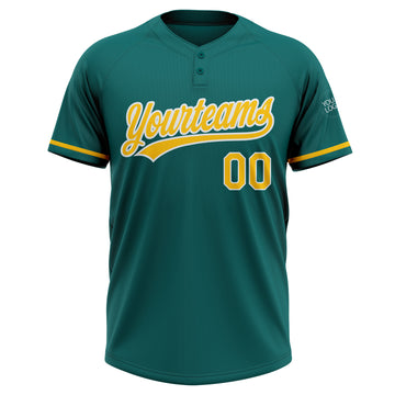 Custom Teal Yellow-White Two-Button Unisex Softball Jersey