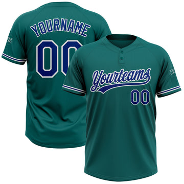 Custom Teal Royal-White Two-Button Unisex Softball Jersey
