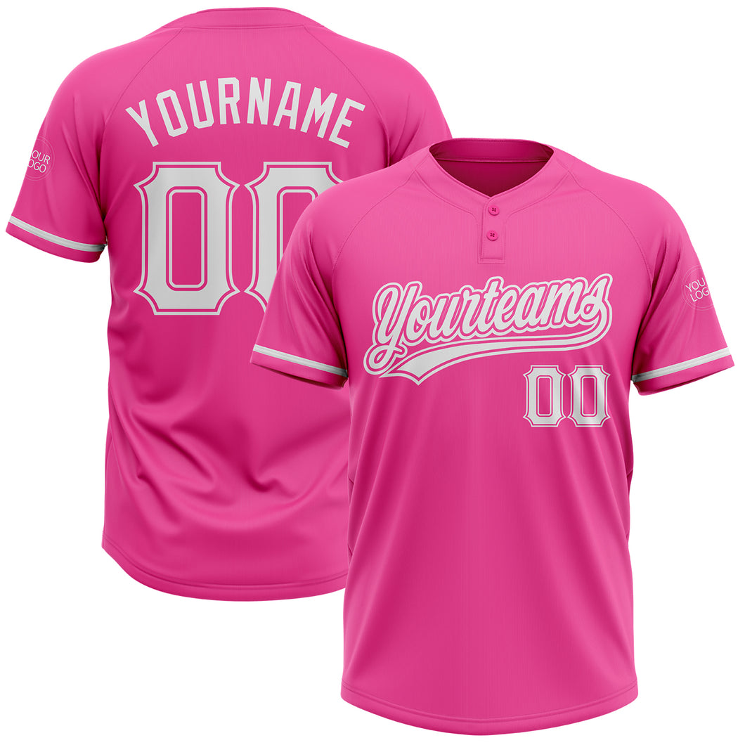 Custom Pink White Two-Button Unisex Softball Jersey