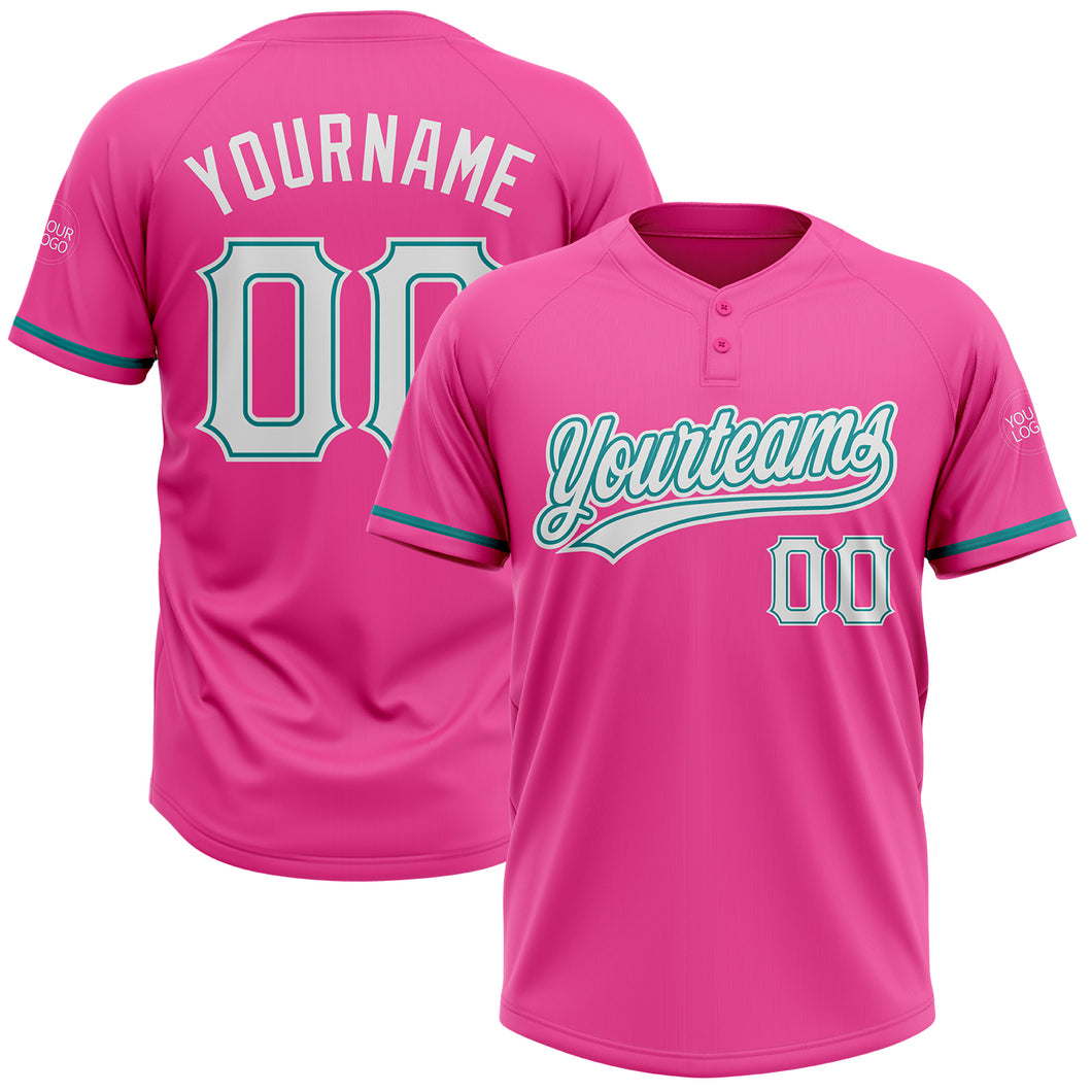 Custom Pink White-Teal Two-Button Unisex Softball Jersey