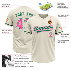 Custom Cream Pink-Kelly Green Two-Button Unisex Softball Jersey