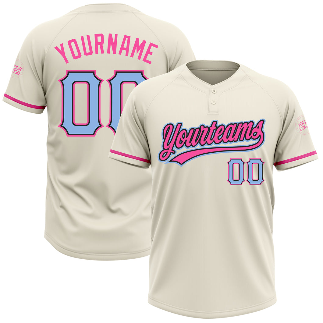 Custom Cream Light Blue Black-Pink Two-Button Unisex Softball Jersey