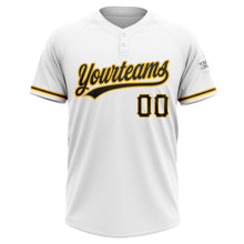 Laden Sie das Bild in den Galerie-Viewer, Custom White Black-Gold Two-Button Unisex Softball Jersey
