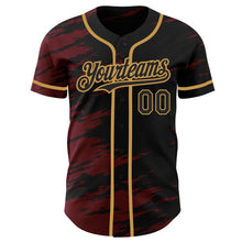 Load image into Gallery viewer, Custom Black Crimson Splash Ink Old Gold Authentic Baseball Jersey
