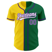 Laden Sie das Bild in den Galerie-Viewer, Custom Kelly Green Purple-Yellow Authentic Split Fashion Baseball Jersey
