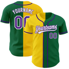 Load image into Gallery viewer, Custom Kelly Green Purple-Yellow Authentic Split Fashion Baseball Jersey
