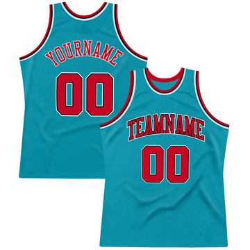 Custom Teal Red-Black Authentic Throwback Basketball Jersey