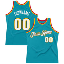 Load image into Gallery viewer, Custom Teal White-Gold Authentic Throwback Basketball Jersey
