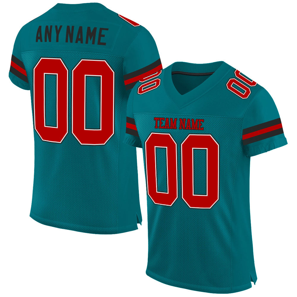 Custom Teal Red-Black Mesh Authentic Football Jersey