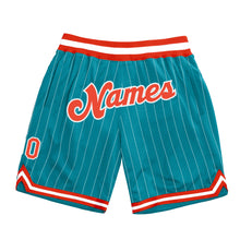 Load image into Gallery viewer, Custom Teal White Pinstripe Orange-White Authentic Basketball Shorts
