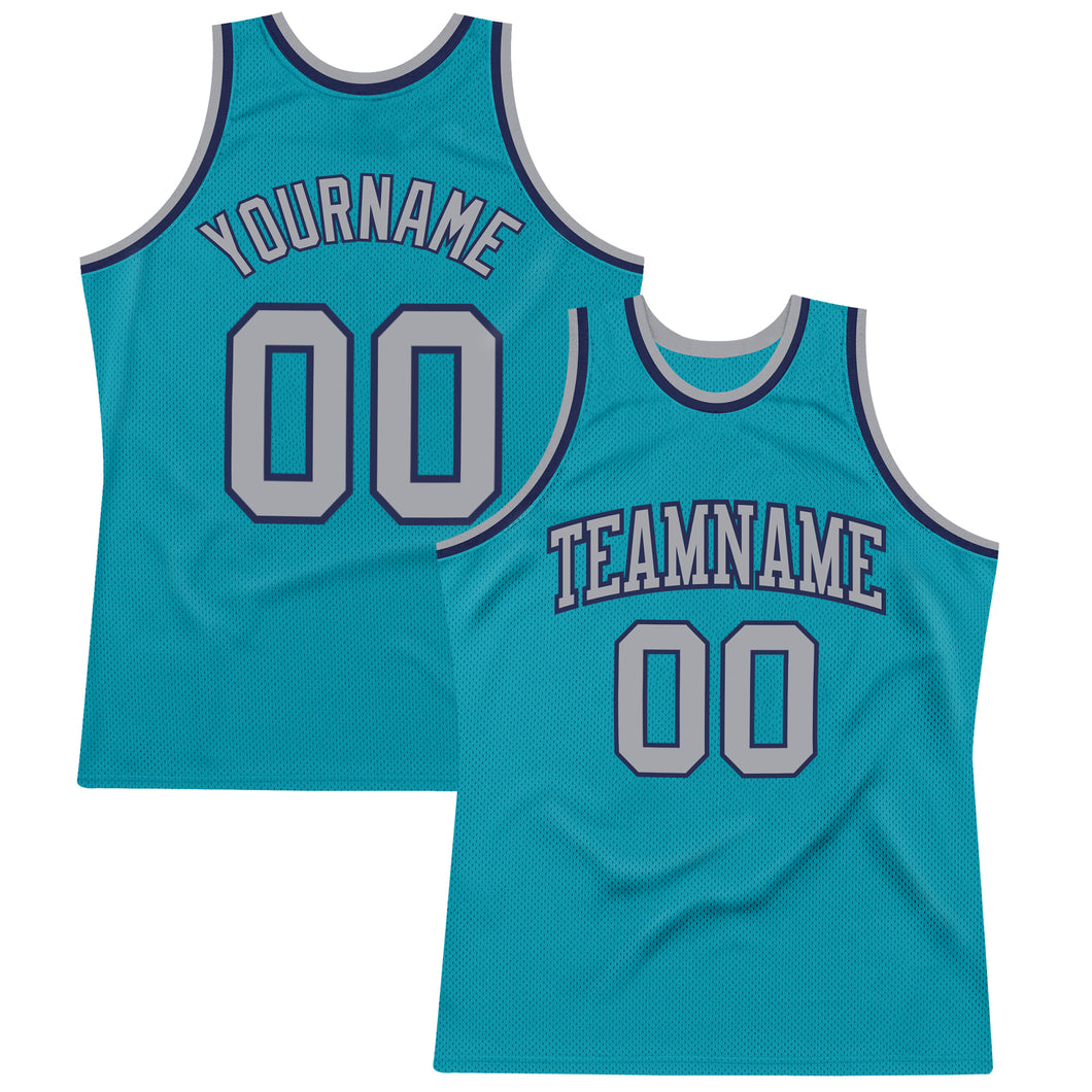 Custom Teal Gray-Navy Authentic Throwback Basketball Jersey
