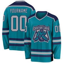 Load image into Gallery viewer, Custom Teal Gray-Navy Hockey Jersey
