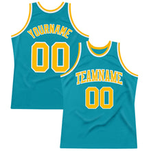 Load image into Gallery viewer, Custom Teal Gold-White Authentic Throwback Basketball Jersey
