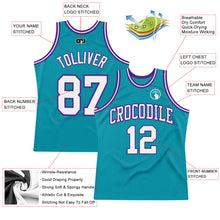 Load image into Gallery viewer, Custom Teal White-Purple Authentic Throwback Basketball Jersey
